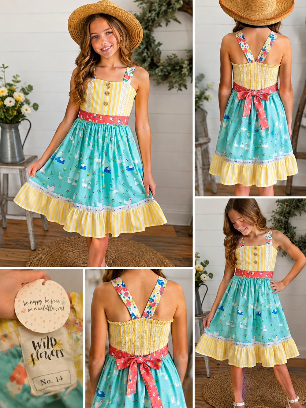 Wild Flowers Girls Dress Size 14 Farm Chicken Goose Floral Cottagecore NWT
